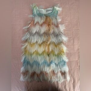 Chic Feathered Kids Dress in Blue, Yellow, and Brown